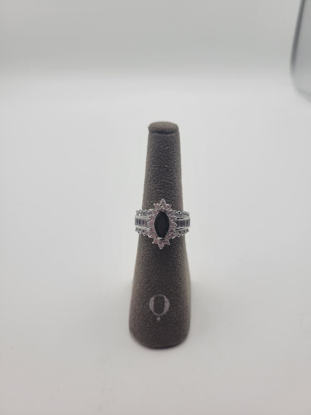 Sterling Silver with Dark Green Marquise Center and Clear Accent Stones 6.75